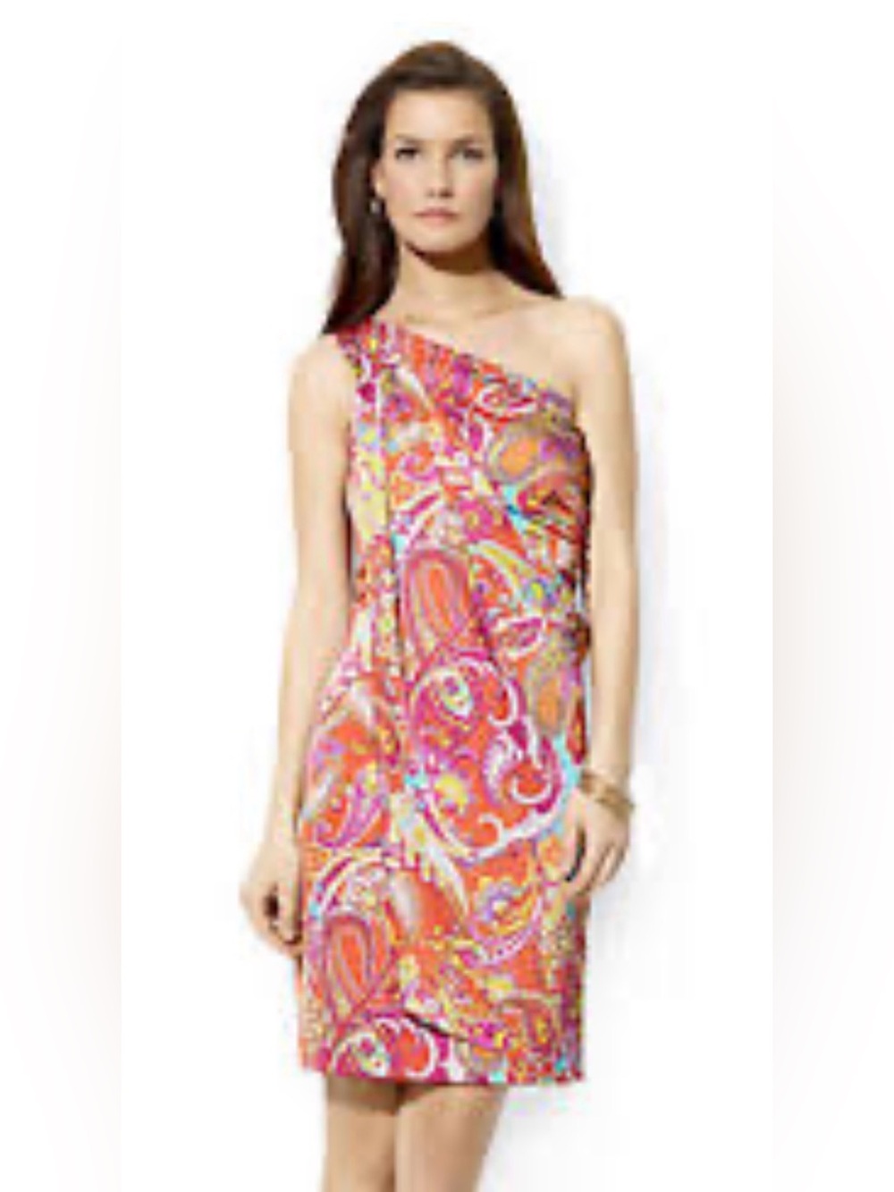 Ralph Lauren One-Shoulder Paisley Dress in Pink and Orange